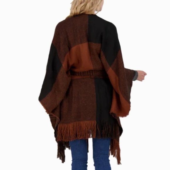 Halston Ruana Wrap - Belted Cardigan Sweater Burgandy Navy NWT - Picture 4 of 12